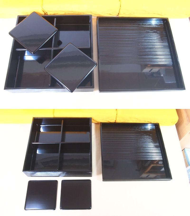 【未使用】輪島塗 大雅堂謹製 松花堂弁当 5客 黒塗千筋/結熨斗文様 漆器/食器