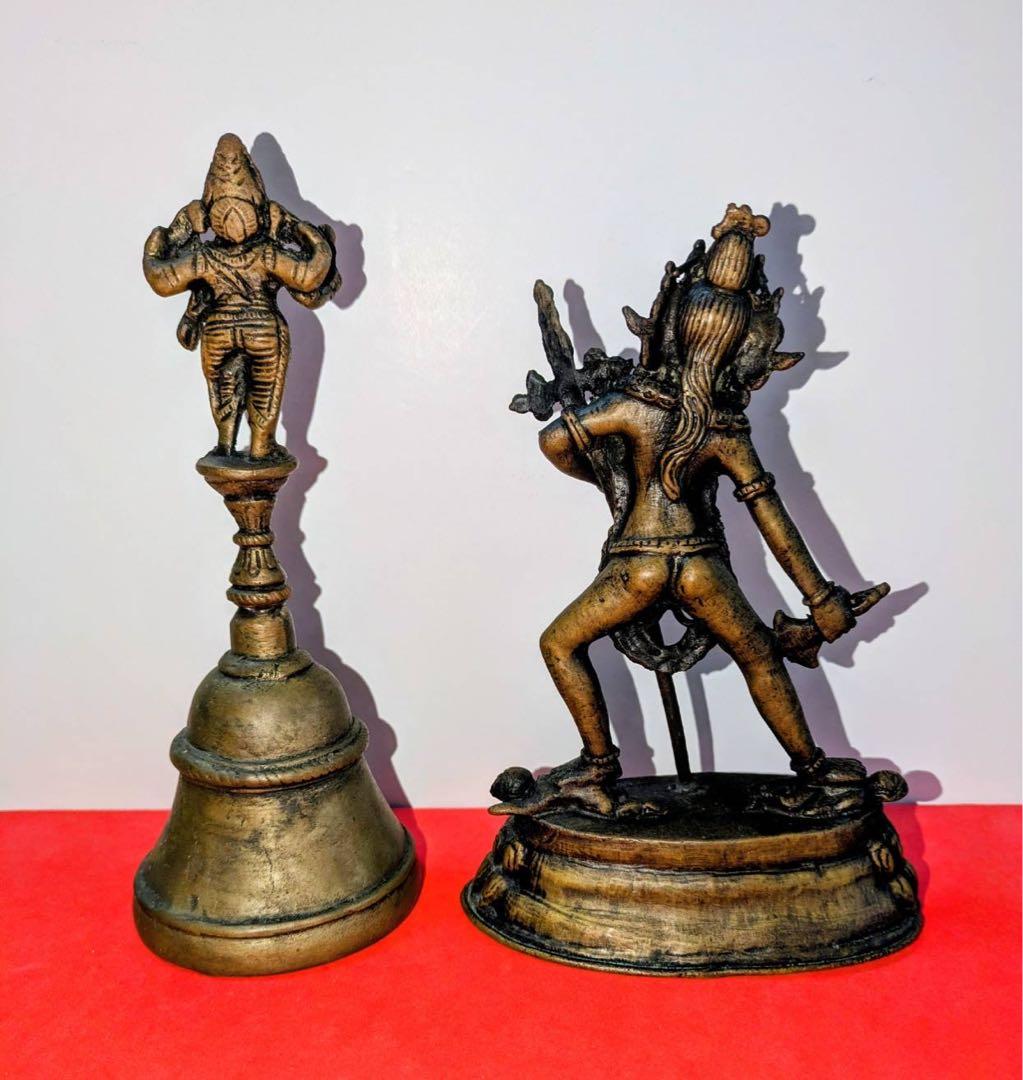 チベット仏教シヴァ神像とガネーシャ神のガンター（ベル・法具)２点まとめて