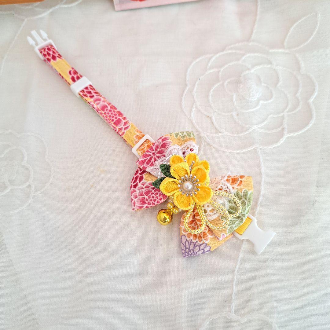 つまみ細工ダブルリボン(黄色)わんちゃん猫ちゃん用首輪