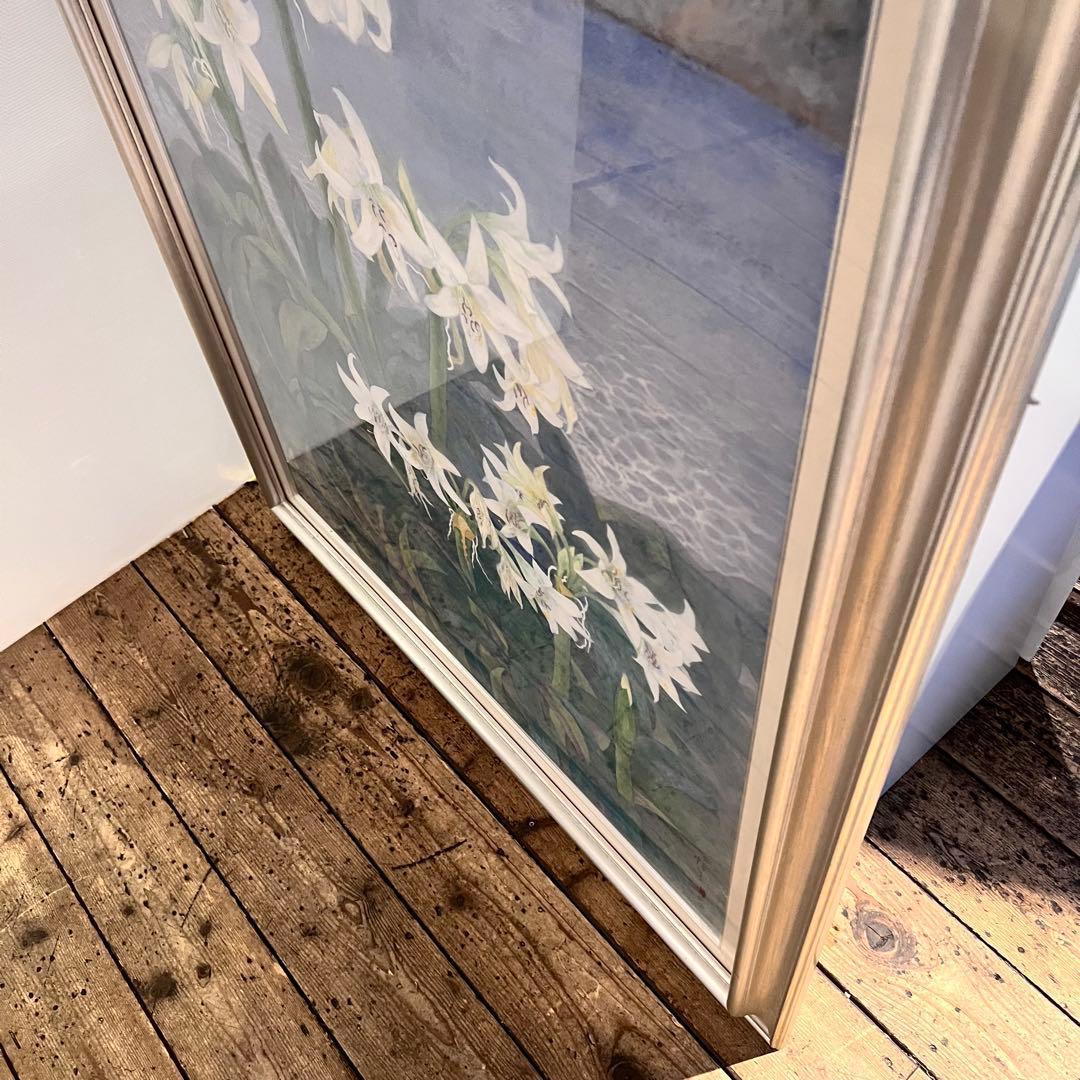 百合　ユリの花 水彩画　はまゆう　シルバーフレーム　40号　壁掛け