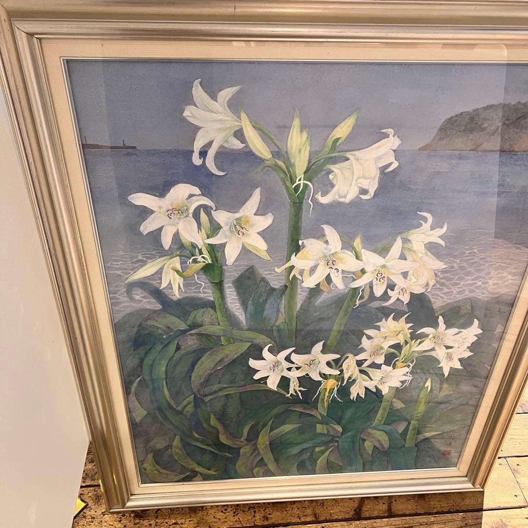 百合　ユリの花 水彩画　はまゆう　シルバーフレーム　40号　壁掛け
