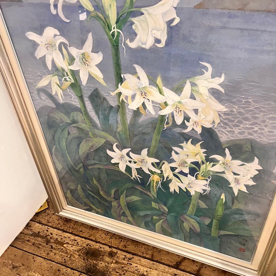 百合　ユリの花 水彩画　はまゆう　シルバーフレーム　40号　壁掛け
