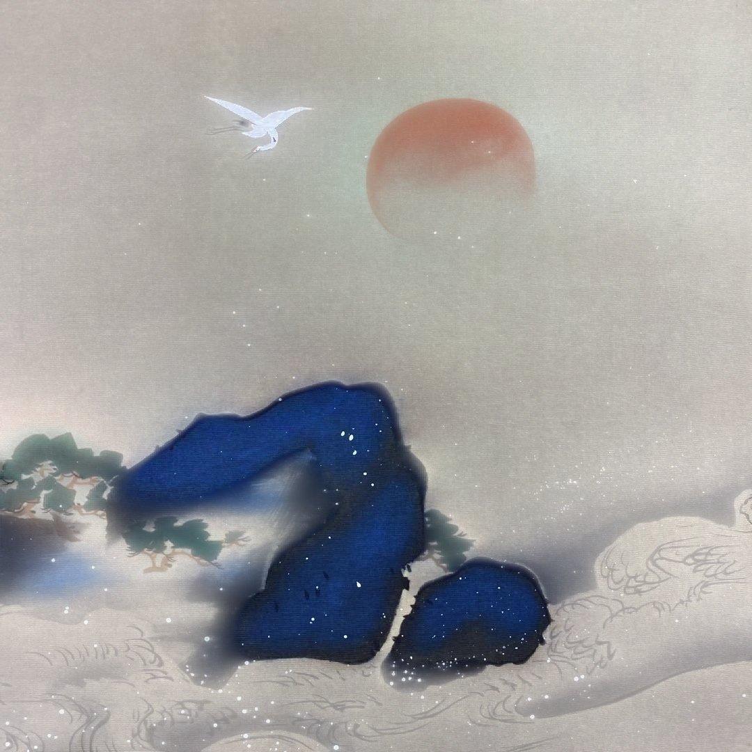 美品 掛け軸 酒井抱一筆 大幅「蓬莱山」日の出 縁起物 正月掛け 名品 印刷