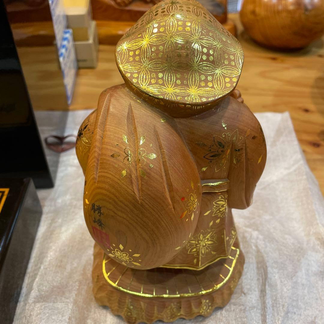 極美品　大黒天 20cm 檜木製置物 金装飾　勝峰