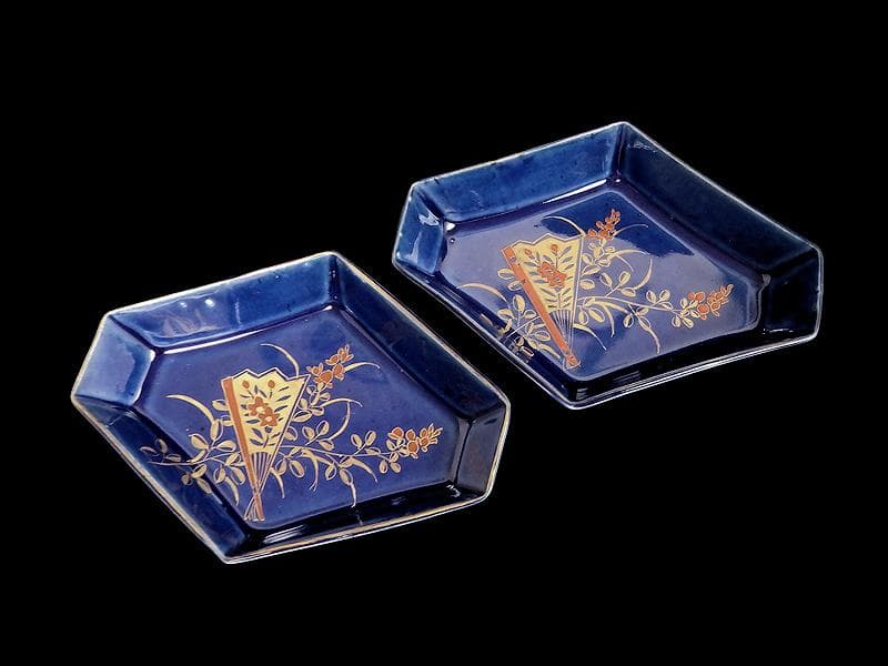 古伊万里　瑠璃　扇に桔梗の図　菱形変形皿　２客　D039AS-DAm