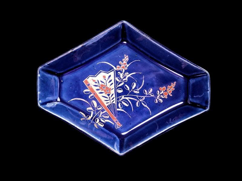 古伊万里　瑠璃　扇に桔梗の図　菱形変形皿　２客　D039AS-DAm