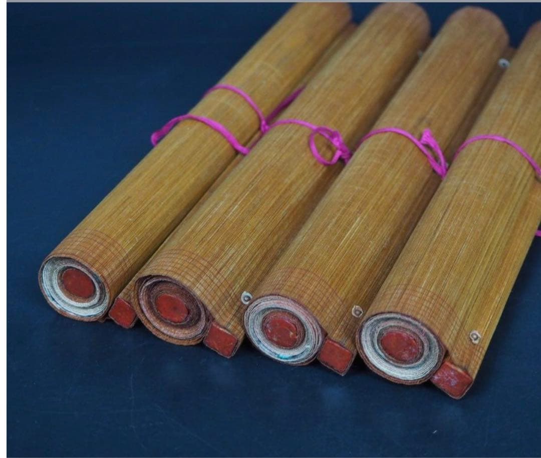 送料無料　重慶画家楊済川『松鶴長年』竹簾画４幅　王夢白・斎白石に師事　竹簾画名人