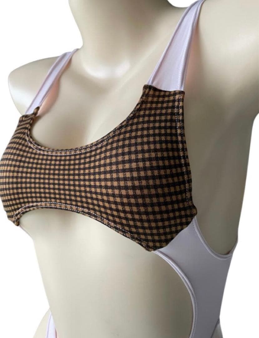 レオタード　ハイレグ　穴あき　くるみ格子×パステルピンク