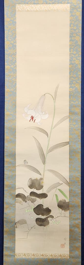 【笹百合図(爽夏)】山口玲熙 2668 ユリ 共箱二重箱 掛け軸 肉筆