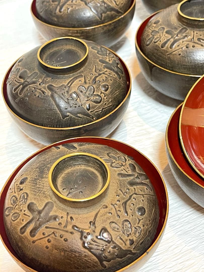 鉄錆塗　会津　吸物椀　9客　骨董　蓋付き椀　明治大正時代148