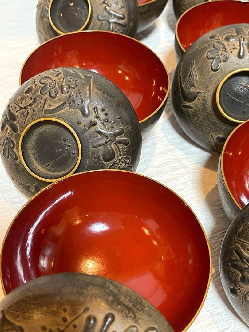 鉄錆塗　会津　吸物椀　9客　骨董　蓋付き椀　明治大正時代148