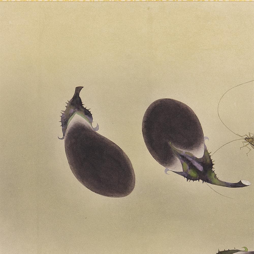 掛軸 横幅 東韶光「虫の音」共箱 秋の軸 秋茄子 紅葉 蟋蟀