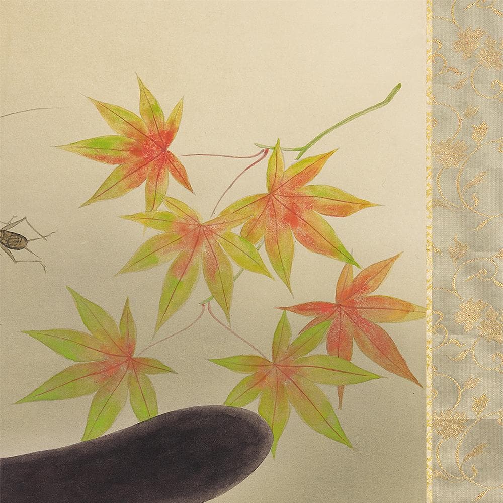 掛軸 横幅 東韶光「虫の音」共箱 秋の軸 秋茄子 紅葉 蟋蟀