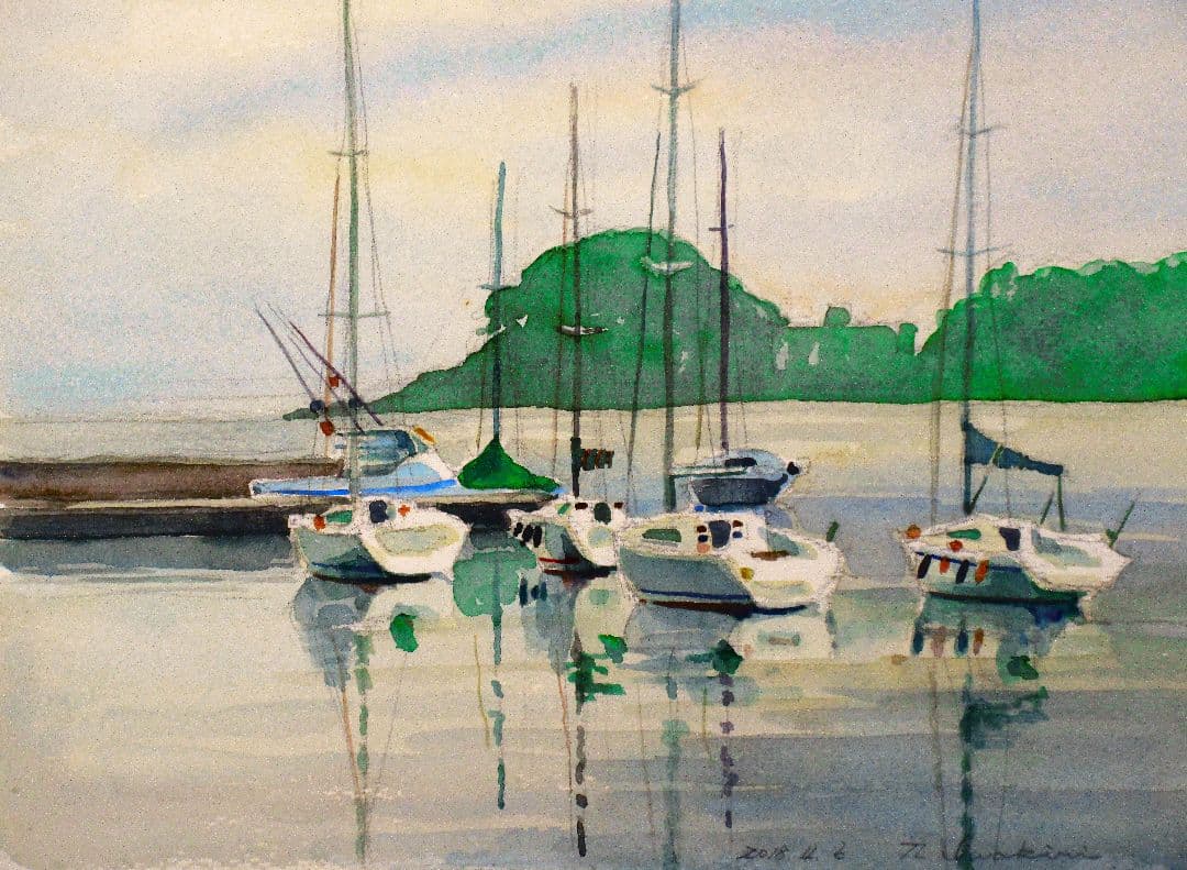 水彩画「諸磯湾のヨット」