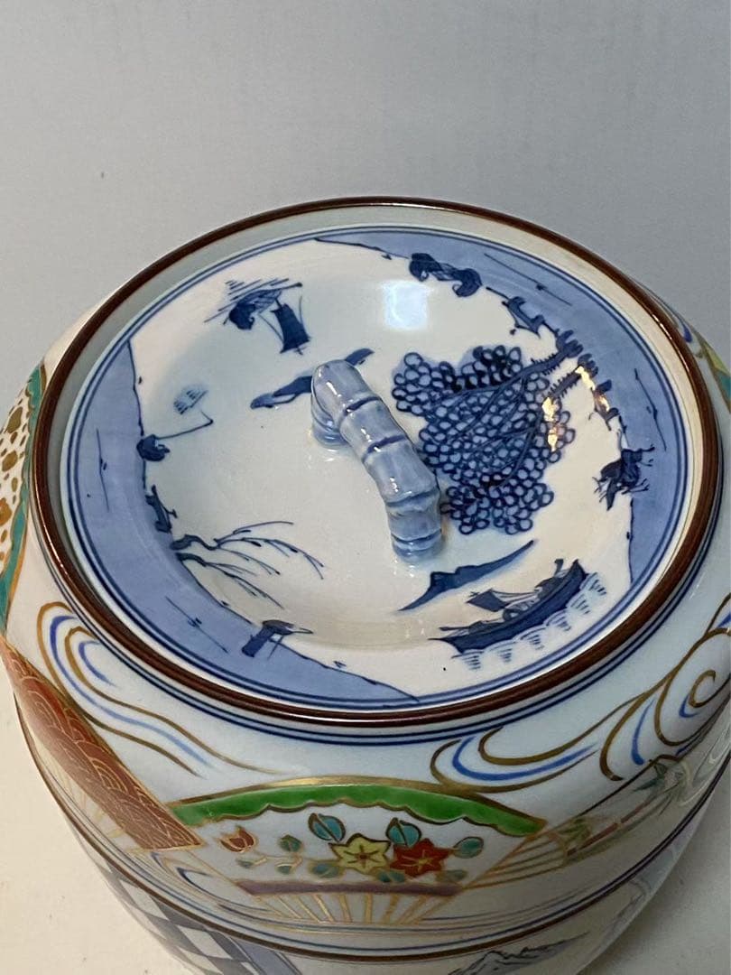 染付金蘭手山水文扇面文水指建水蓋 置物 時代物