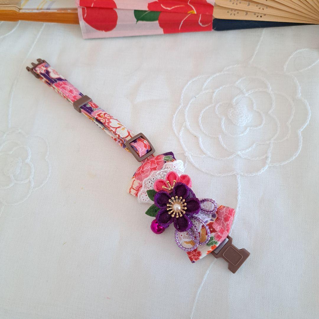 シングルリボン、和風つまみ細工(紫×ピンク)わんちゃん猫ちゃん用首輪