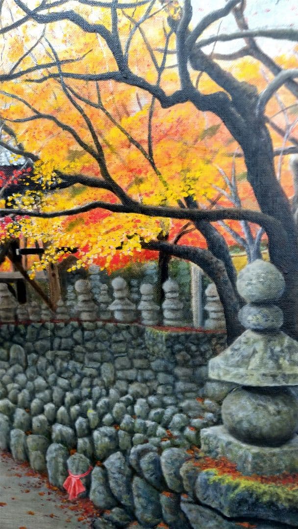 油彩 秋の京都「化野念仏寺」風景画 油絵 油彩画 絵 絵画 寺 原画 P30号