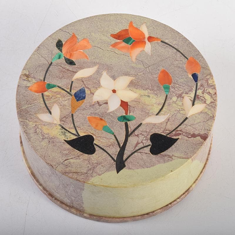 北印度産　玉石　インディアン・カラー・ストーン象嵌　飾箱　共箱　V　R8518