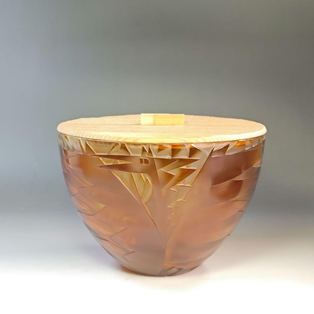 イ951 水指『硝子　ガラス　作家物　鳥文切子　水指　替蓋付』茶道具