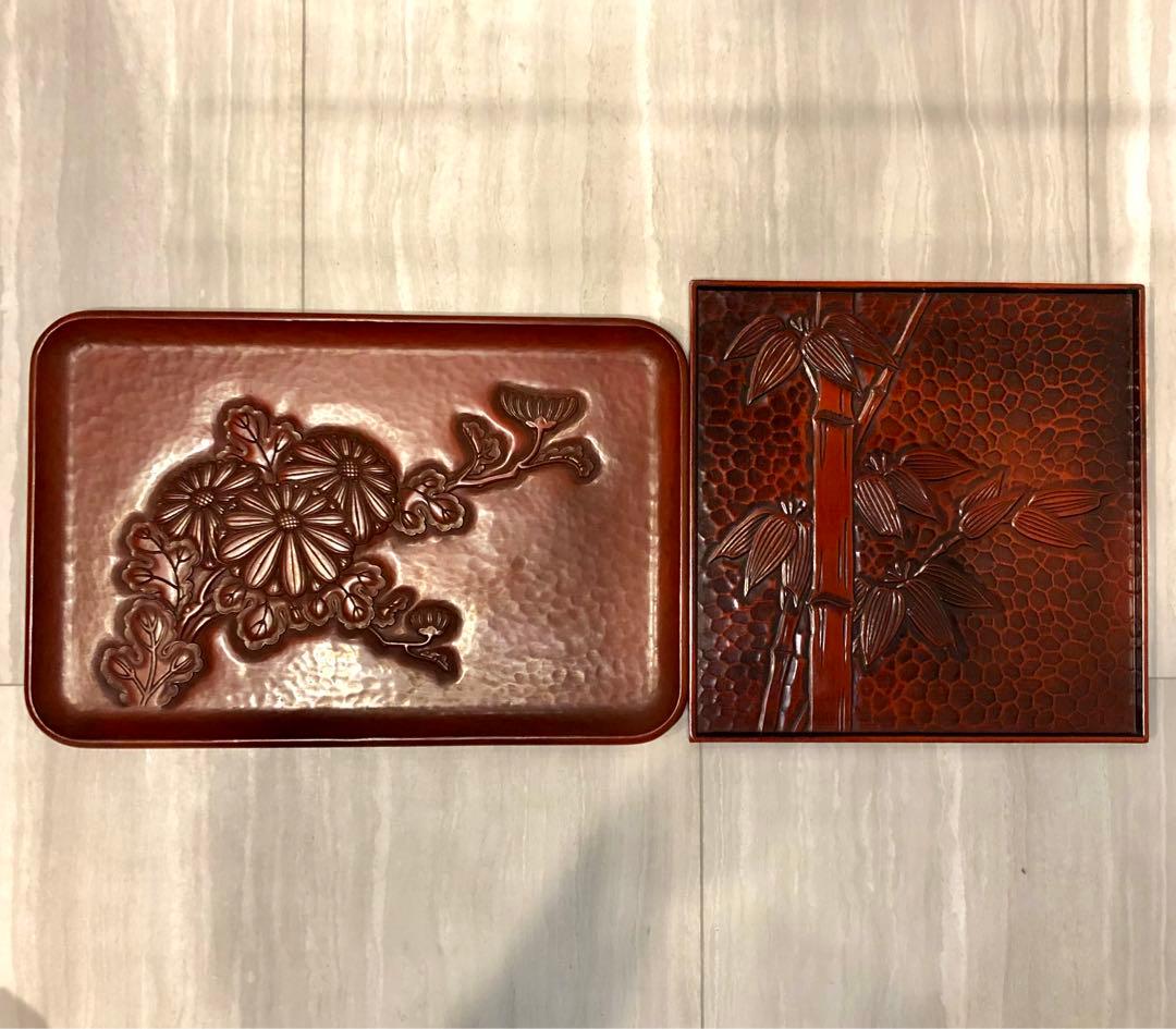 鎌倉彫　菊　竹　お盆　漆器　アンティーク