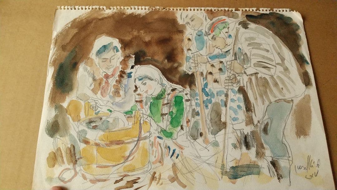 古沢岩美 キリスト誕生 聖夜 水彩まくり クリスマス