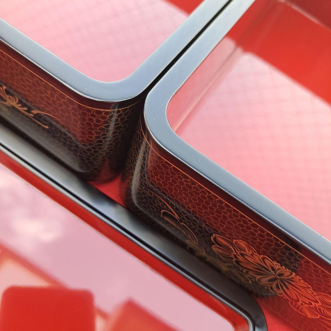 専用品【輪島塗　7.5寸\"2段重箱&重箱台】布着本堅地　沈金\"四君子　未使用品