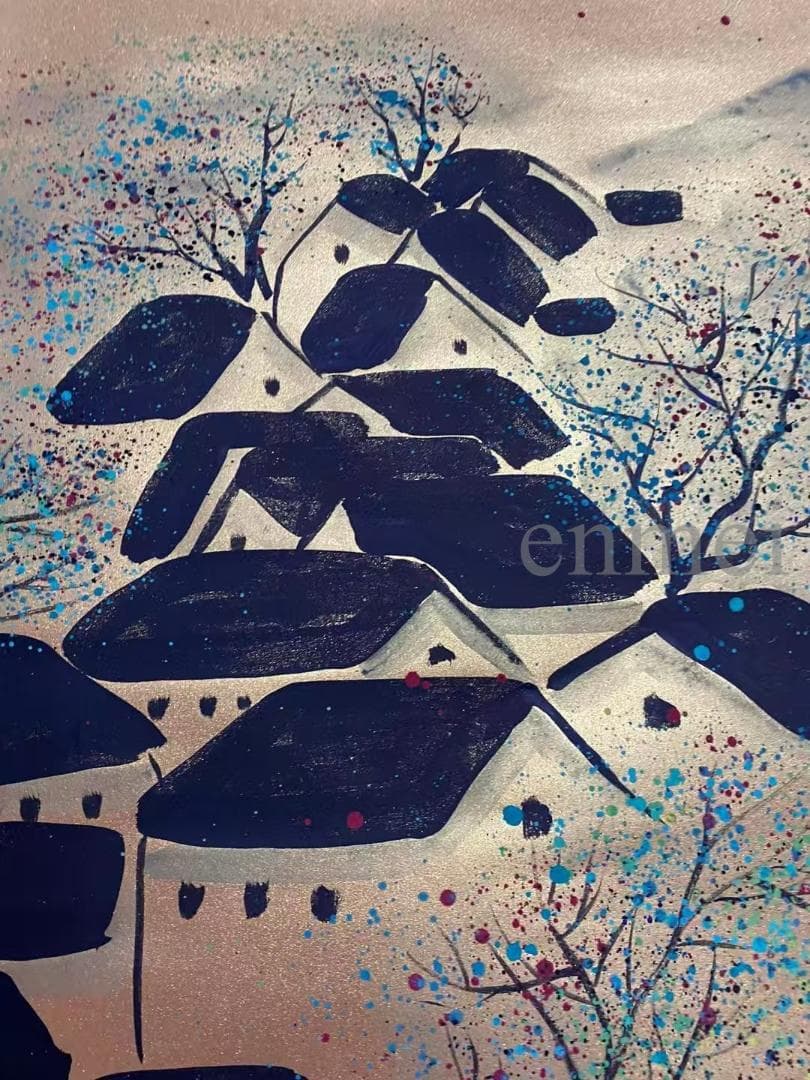 中国古美術・旧藏・近現代・吳冠中款・金箋・山水風景画・中堂掛軸・純手描き・書画