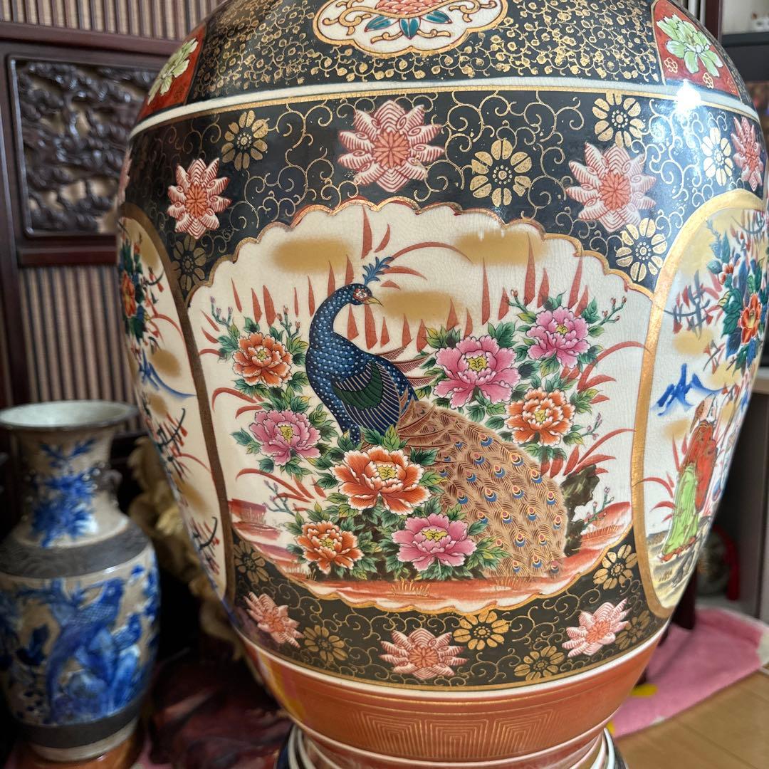 特大　九谷焼飾り壺 人物花鳥図　高さ約125cm 沈香壺 三段壺　陶芸　骨董品