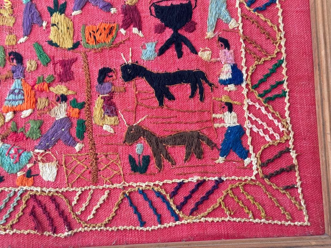 ヴィンテージ 刺繍 アート 額 飾り布 中南米 南米 メキシコ フォークアート