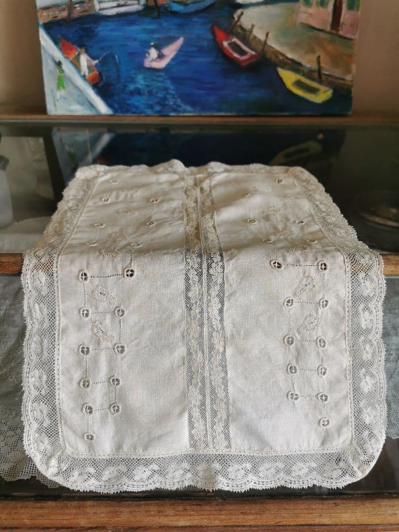 アンティークフランス 葉のアップリケ刺繍ランナー ノルマンディーレース ランナー