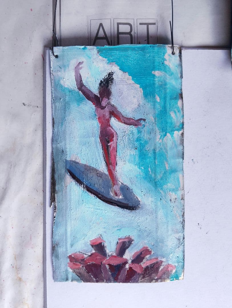 サーフィン テーマ 油彩画 小型