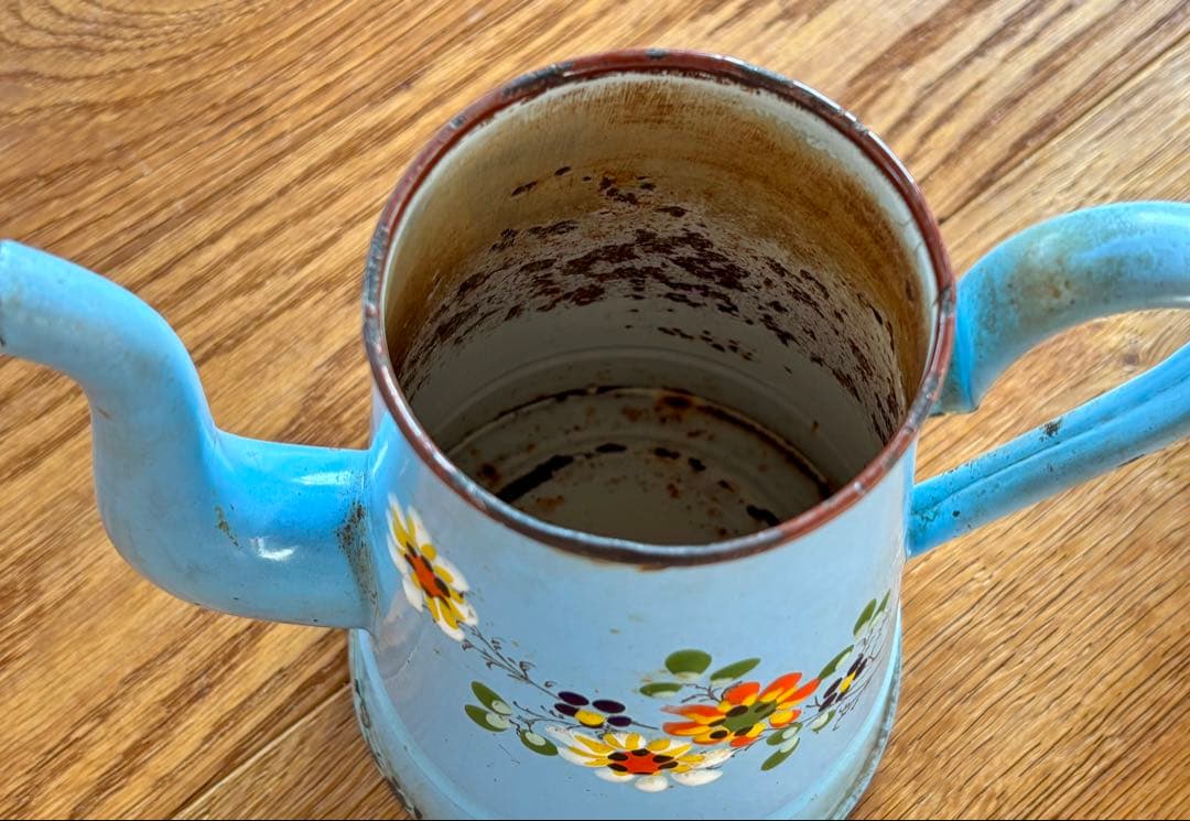 フランスアンティーク ホーローコーヒーポット ブルー 手描きのお花