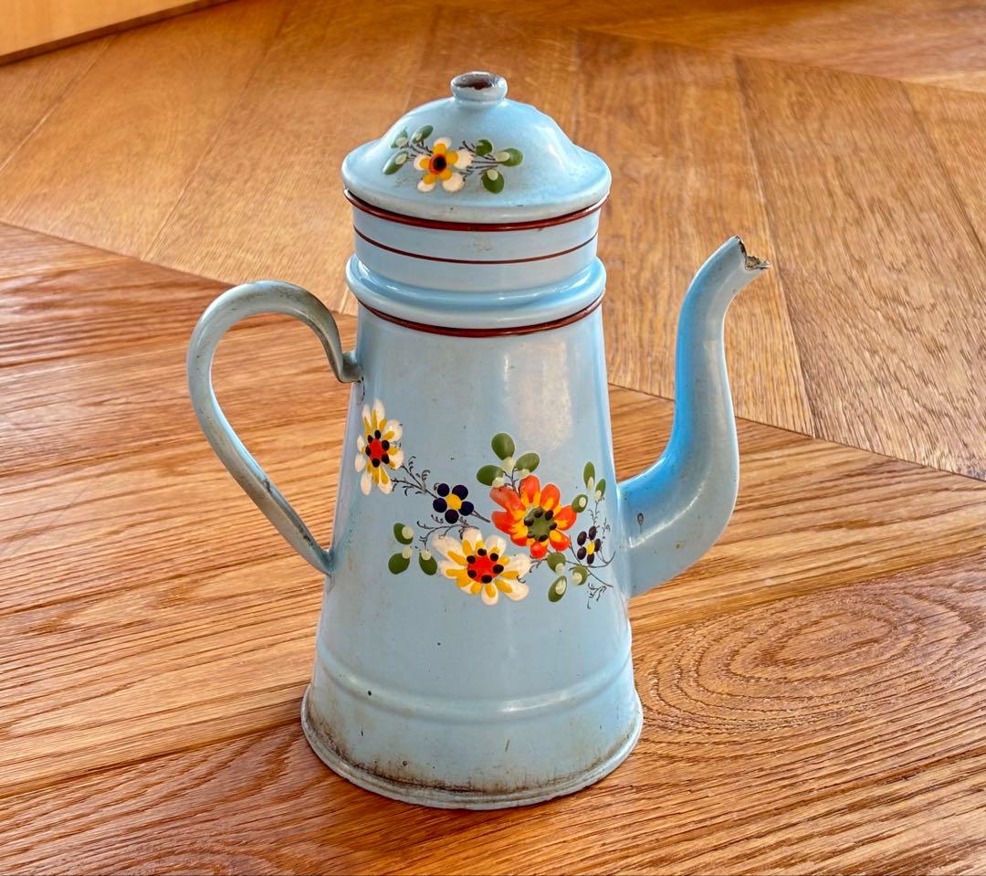 フランスアンティーク ホーローコーヒーポット ブルー 手描きのお花