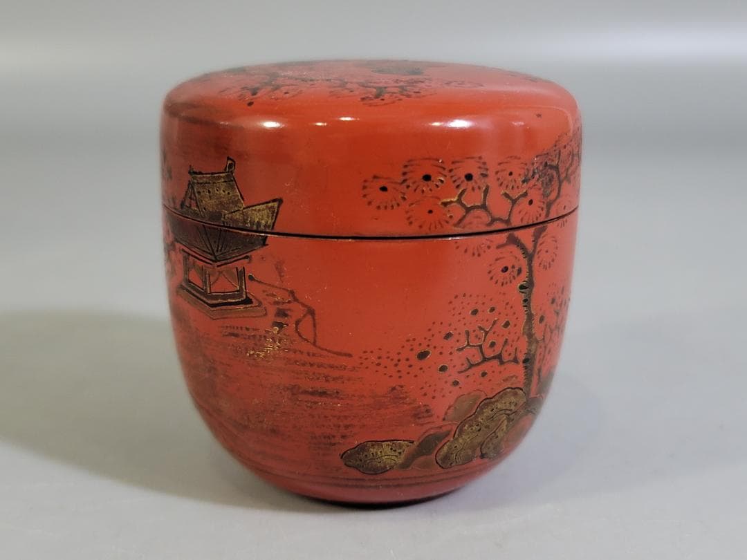 中国 朱塗 人物紋 時代棗 仕服 茶道具 DT612