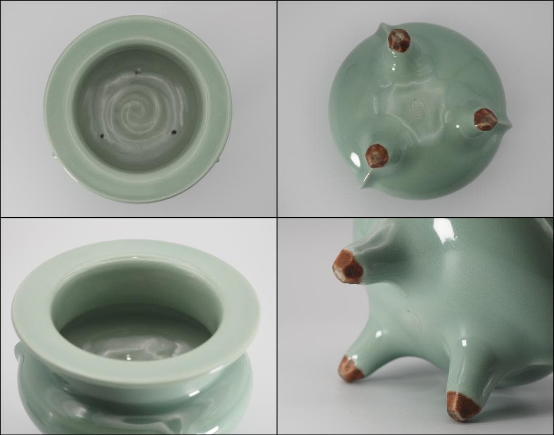 帝室技芸員 初代諏訪蘇山造 青磁 袴腰香炉 純銀 鳳凰文 透彫火舎 共箱