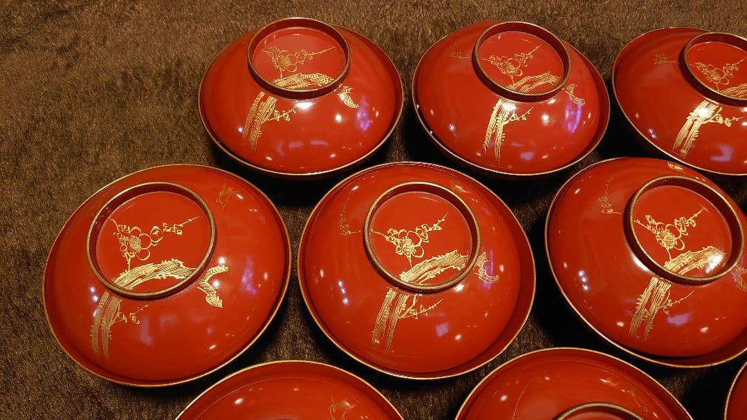 輪島塗　漆器　沈金　 梅鶯の図　蓋椀　菓子椀　蔵出し　10客