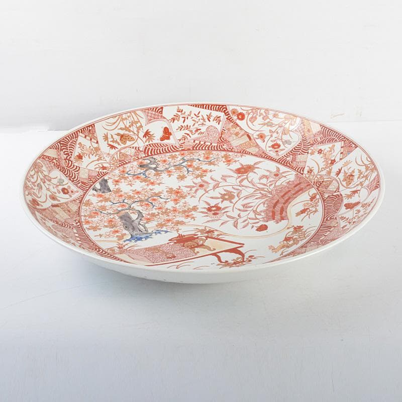 九谷焼　古九谷　赤絵金彩　花文　飾皿　大皿　直径約43.5㎝　M　R4861C