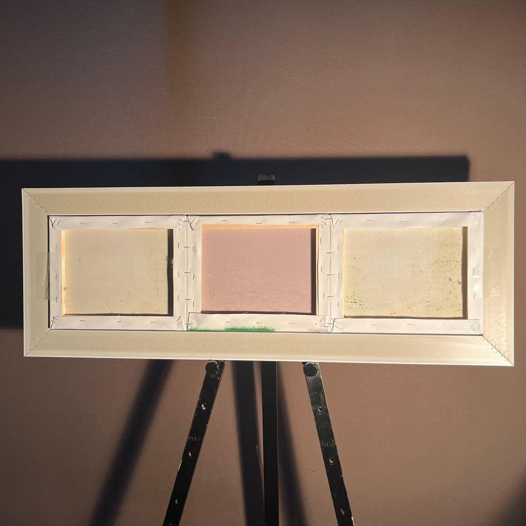 手書き油絵 ３枚組 朝日と山河 額付 額付き 絵画 インテリア 油彩画