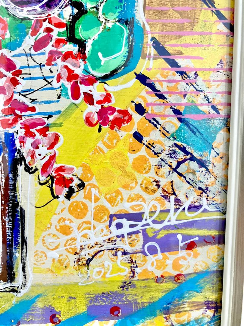 原画　花　額付き　静物画　絵画　アクリル画　現代アート　手描き　一点物