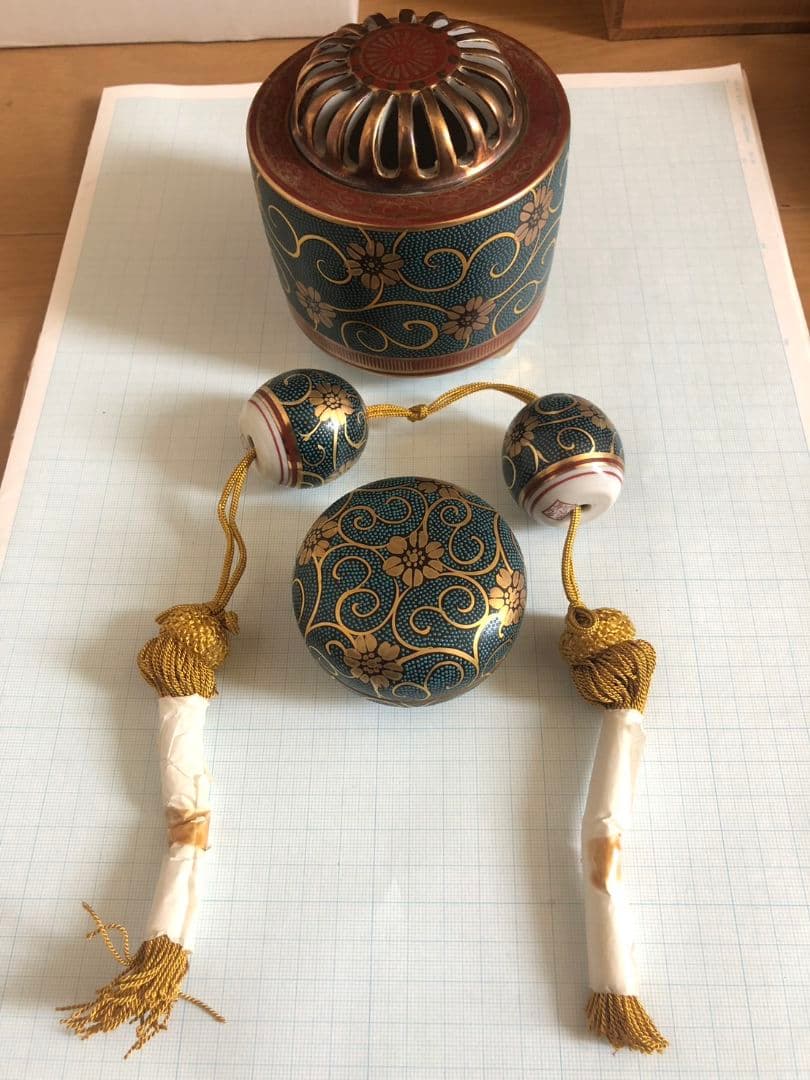香炉　香合　風鎮　金彩　鉄仙　青粒　手描き　良山作　昭和当時物　陶磁器
