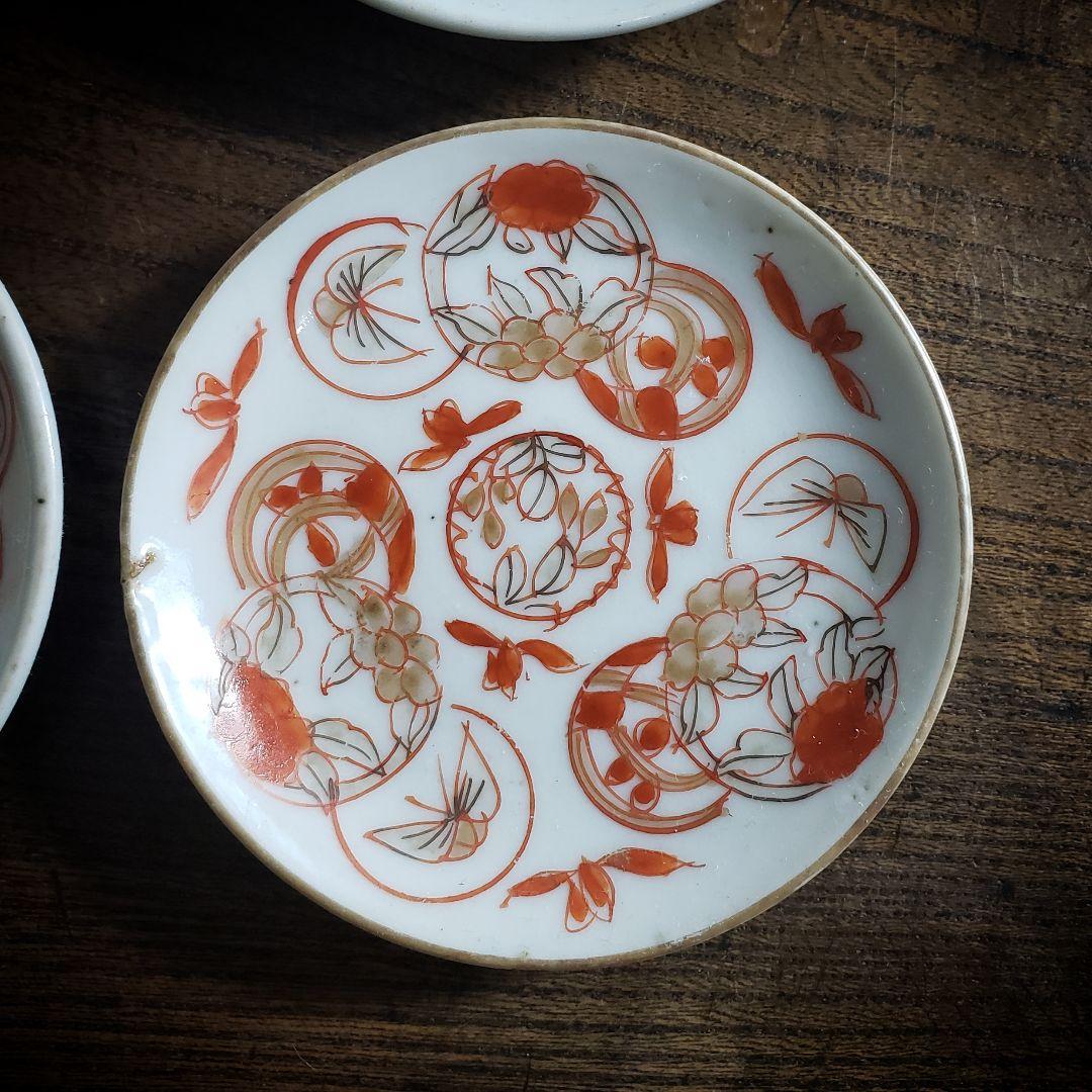 豆皿　小皿　4枚　白磁　赤絵　絵付　古伊万里　蝶　丸窓　唐草　江戸