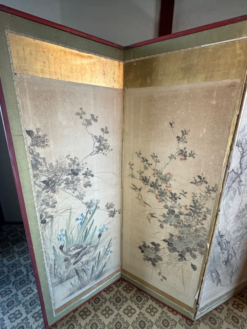 江戸後期 ~ 明治初期 六曲屏風 二点セット 鳥花図 美品 アンティーク