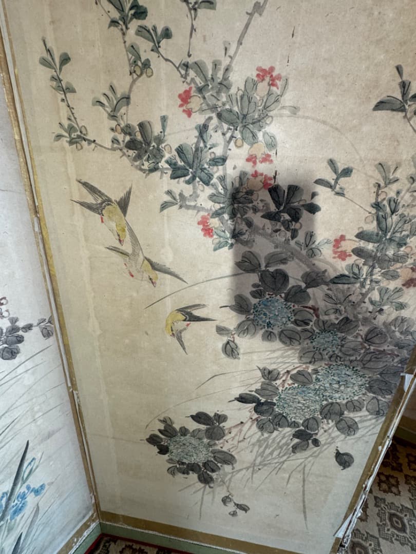 江戸後期 ~ 明治初期 六曲屏風 二点セット 鳥花図 美品 アンティーク