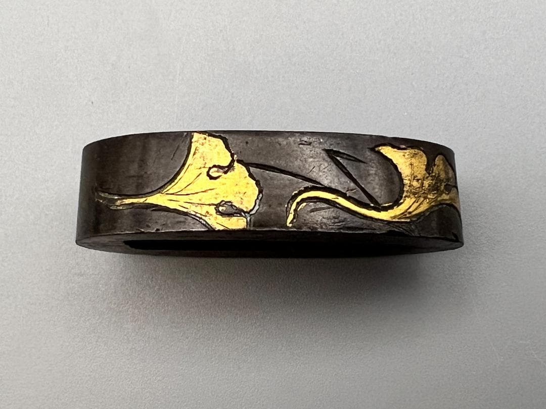 【海】江戸明治期　日本刀装具　花図　牡丹　金象嵌　縁頭　４点　骨董品　美術品