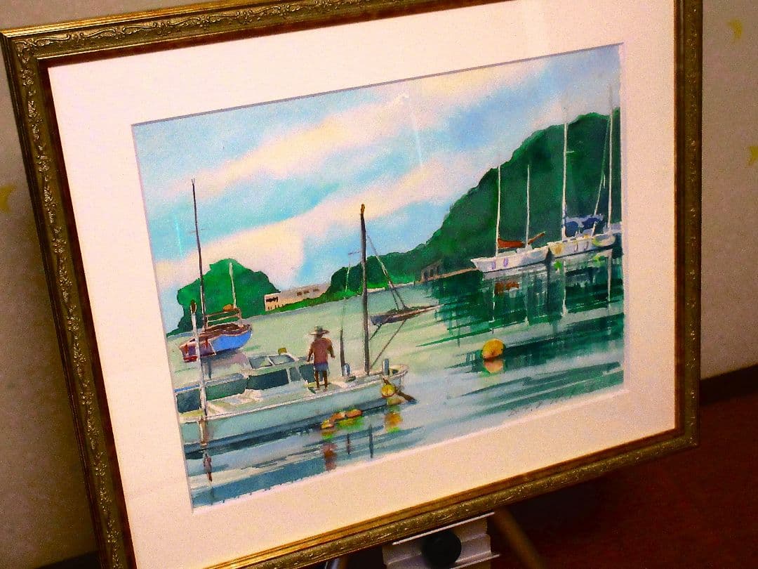 港の風景 水彩画 金色フレーム付き F6サイズ 原画