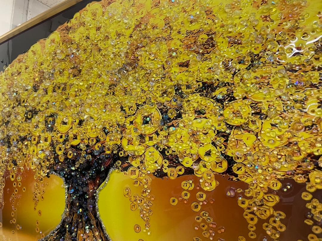 巨大　水晶絵　アートパネル　金のなる木　金運　クリスタル　絵画　アート　ゴールド