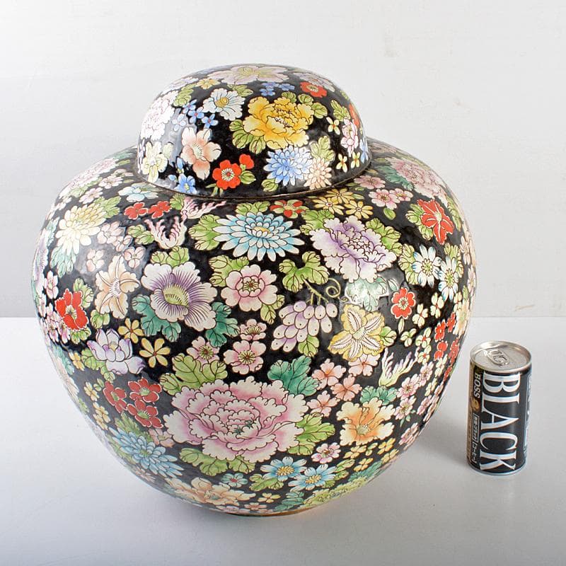 中国　古七宝琺瑯彩　百花文様　蓋壷　大茶壷　重さ約3.8kg　F　R5644B