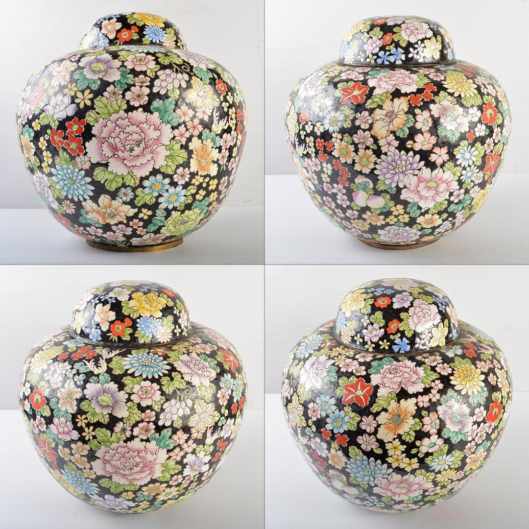 中国　古七宝琺瑯彩　百花文様　蓋壷　大茶壷　重さ約3.8kg　F　R5644B