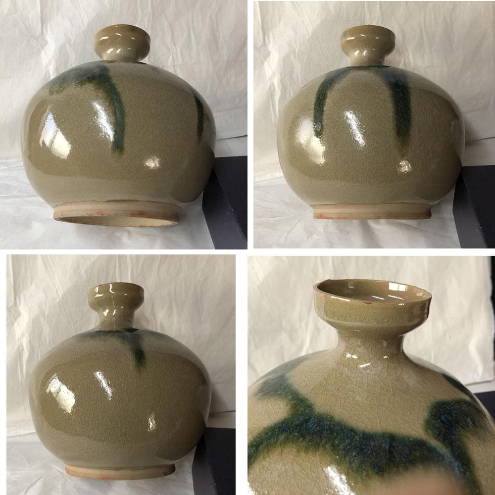 e3050 黒井一楽 虫明焼 青釉流し 花入 共箱 蕪形 高さ17.5cm