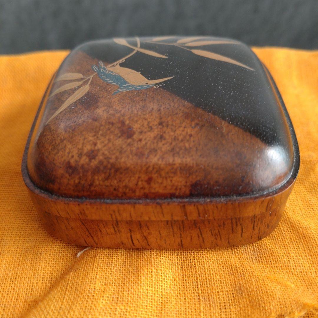 香合　黒柿四方　翡翠蒔絵　峰春造　共箱　無傷